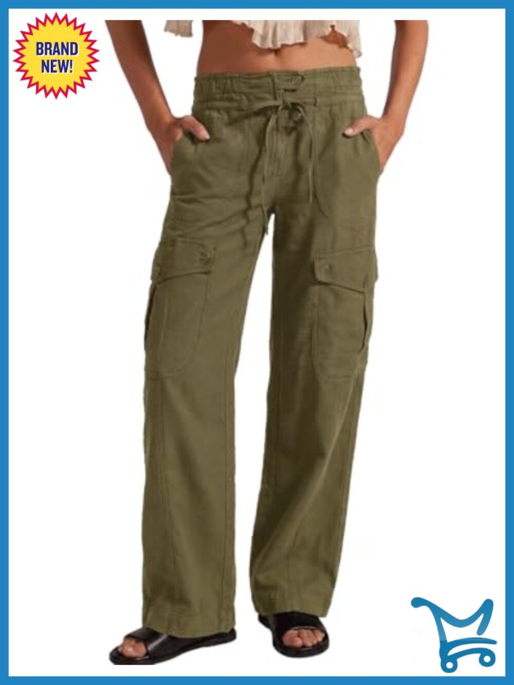 Women's 100% Cotton High Rise Wide Leg Cargo Pants Drawstring Waist
